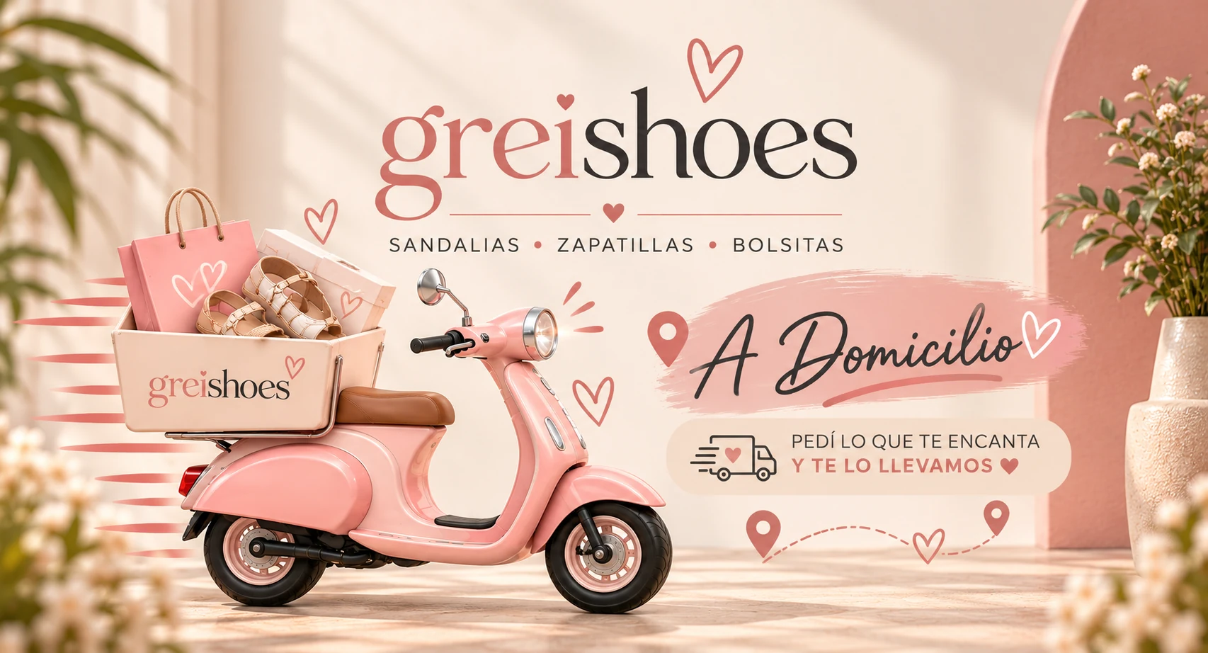 Greishoes: servicio a domicilio con scooter rosa y productos