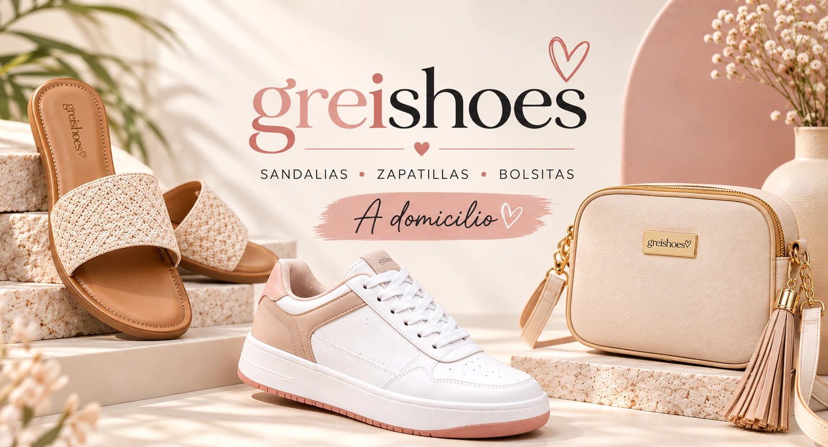 Greishoes: sandalias, zapatillas y bolsita en un escenario editorial